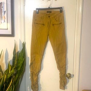 American basi brand tan ruched leg front zipper pocket pants